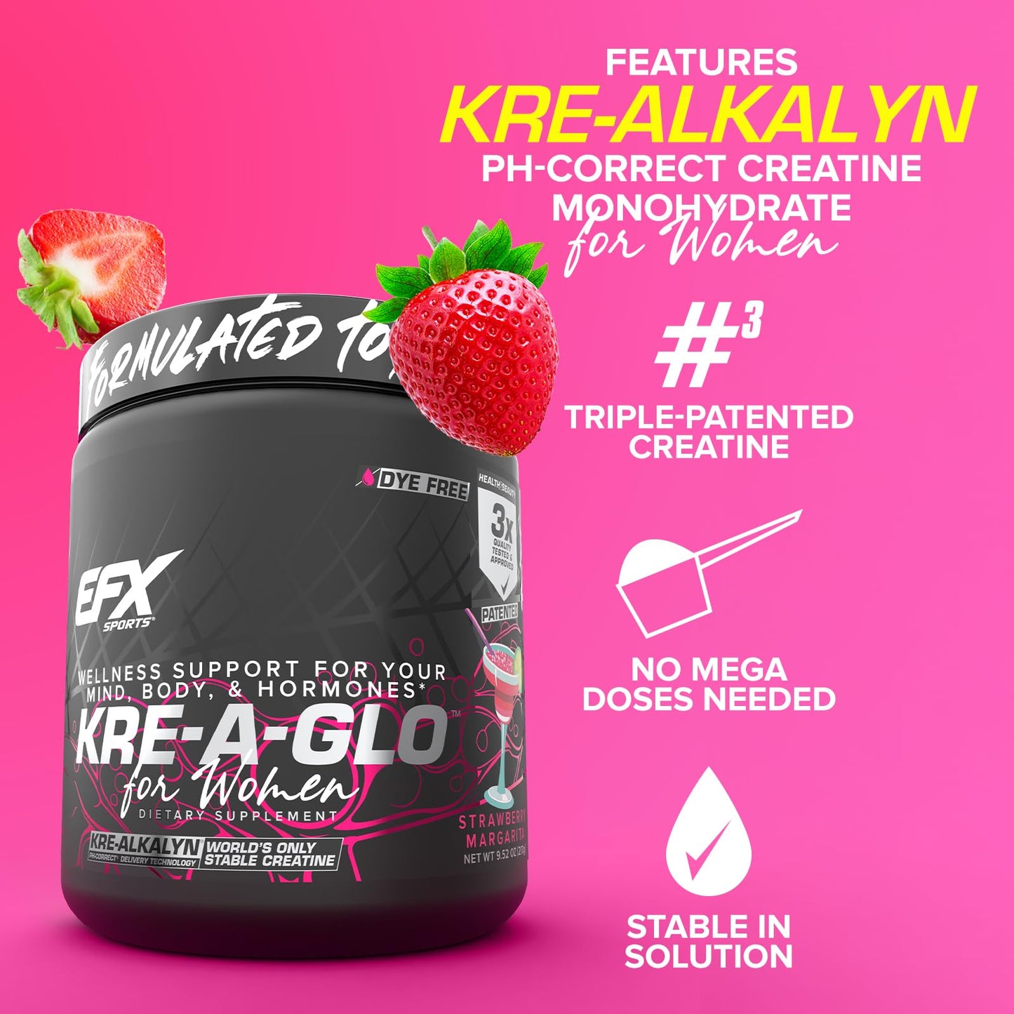 EFX Sports Kre-A-Glo Kre-Alkalyn Creatine for Women Powder, 9.5 Ounce, 30 Servings, Strawberry Margarita