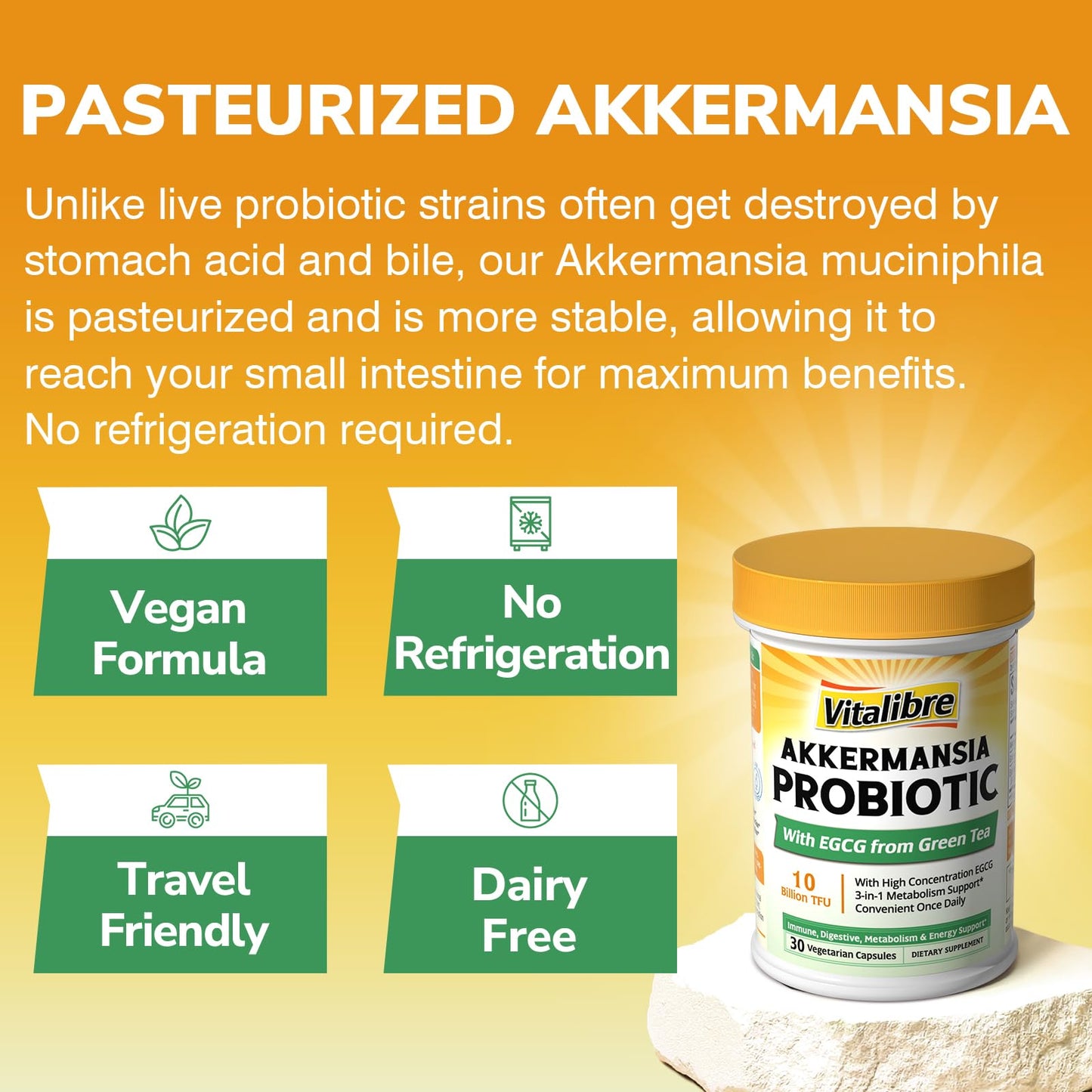 Vitalibre Akkermansia Probiotic 10 Billion TFU with Concentrated EGCG from Green Tea Extract, GLP-1 Supplement for Gut Health, Metabolism Support & Sustain Energy Levels, 30 Vegan Capsules