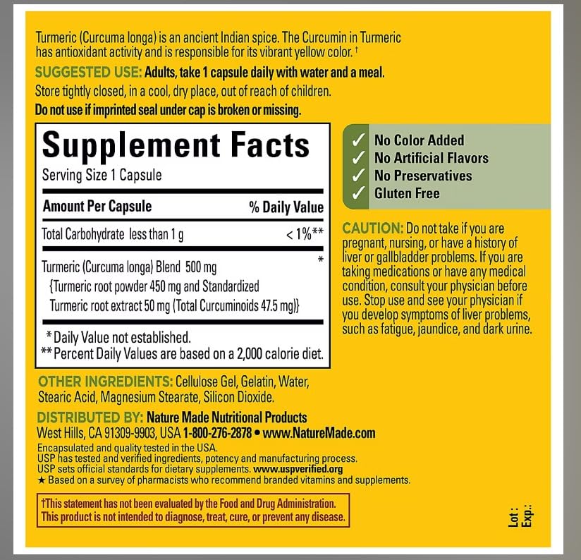 Nature Made Turmeric Curcumin with Standardized Extract Capsules 180 Count
