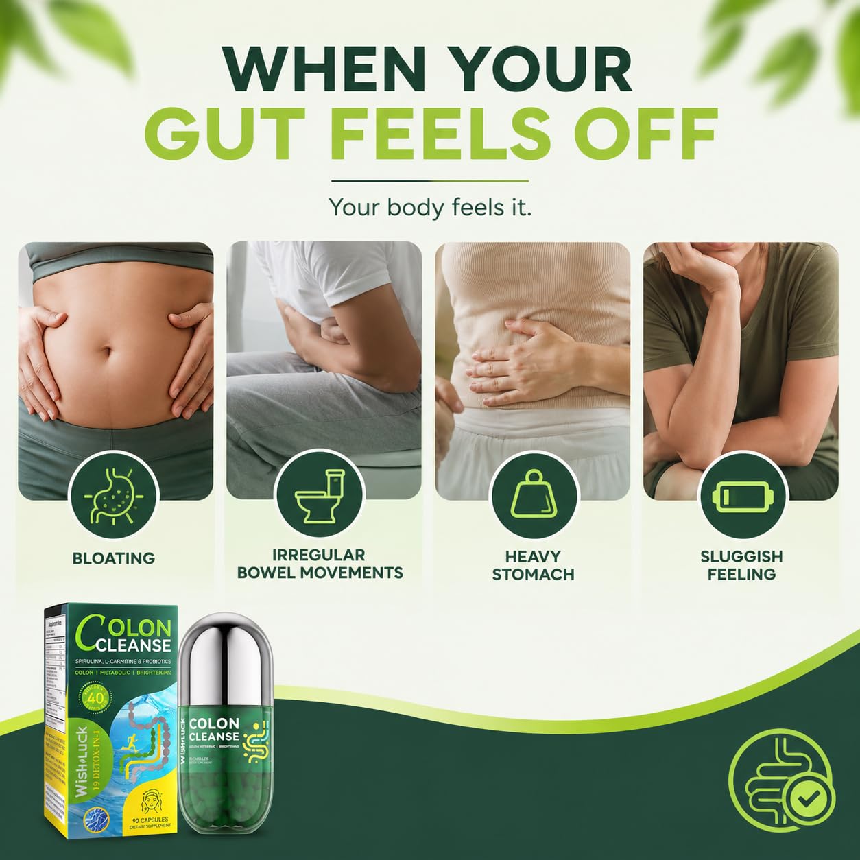 WISH LUCK Colon Cleanse for Women: Gut Cleanse Supplement with Probiotics & Psyllium Husk for Gentle Detox Digestive Balance and Metabolic Support with L-Carnitine Non-GMO, 90 Capsules