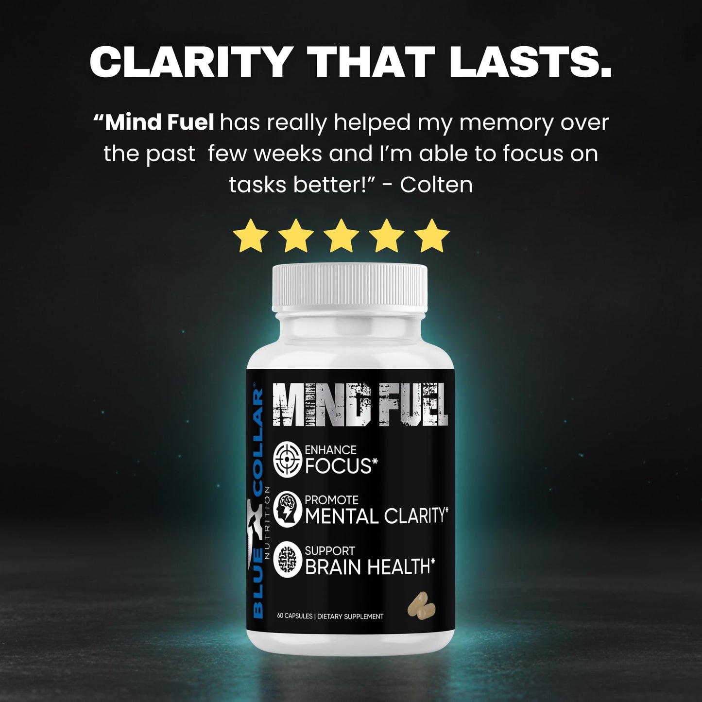 BLUE COLLAR NUTRITION Mind Fuel Brain Supplements for Memory and Focus, 60 Capsules