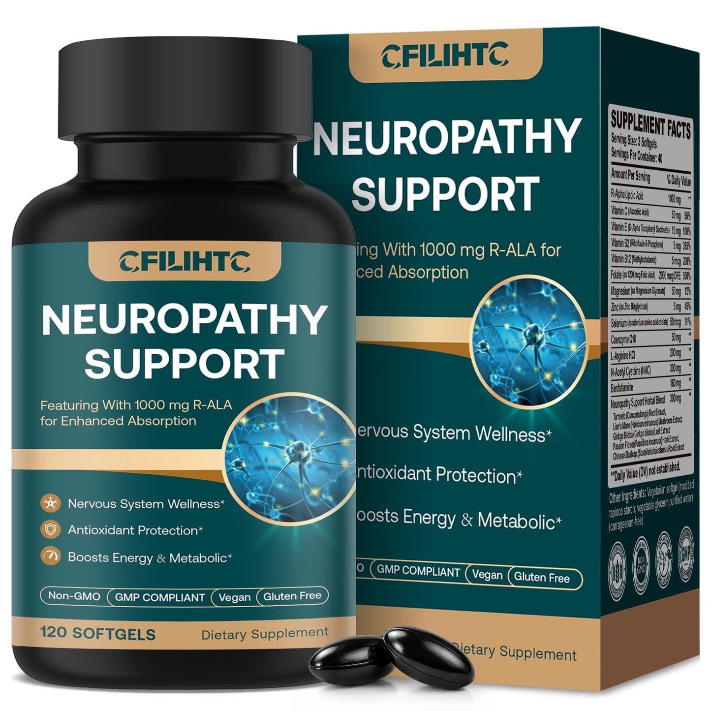 CFILIHTC Neuropathy Support Nerve Supplement – Advanced R-Alpha Lipoic Acid with Benfotiamine, NAC & B-Complex for Nerve Health, Antioxidant & Cellular Energy, 120 Softgels