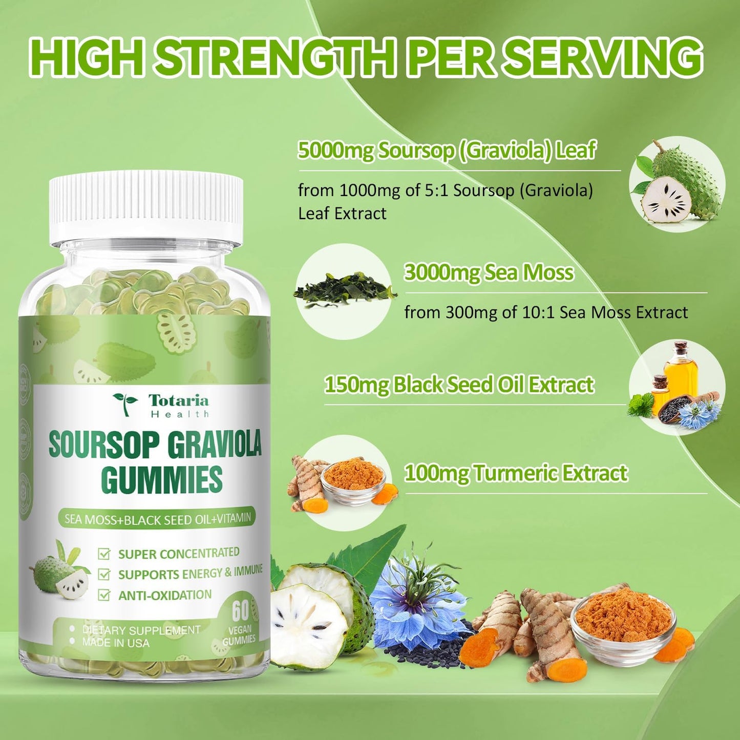 Totaria Sugar Free Soursop Oil Graviola Sea Moss Gummies, 60 Count
