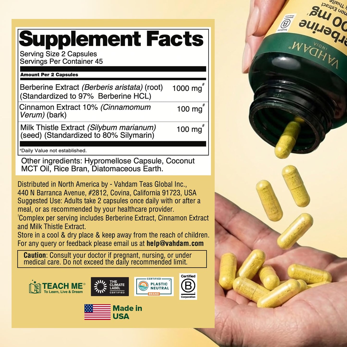 VAHDAM Berberine 97% HCL 1200mg Extract with Cinnamon and Milk Thistle Capsules, 90 Count