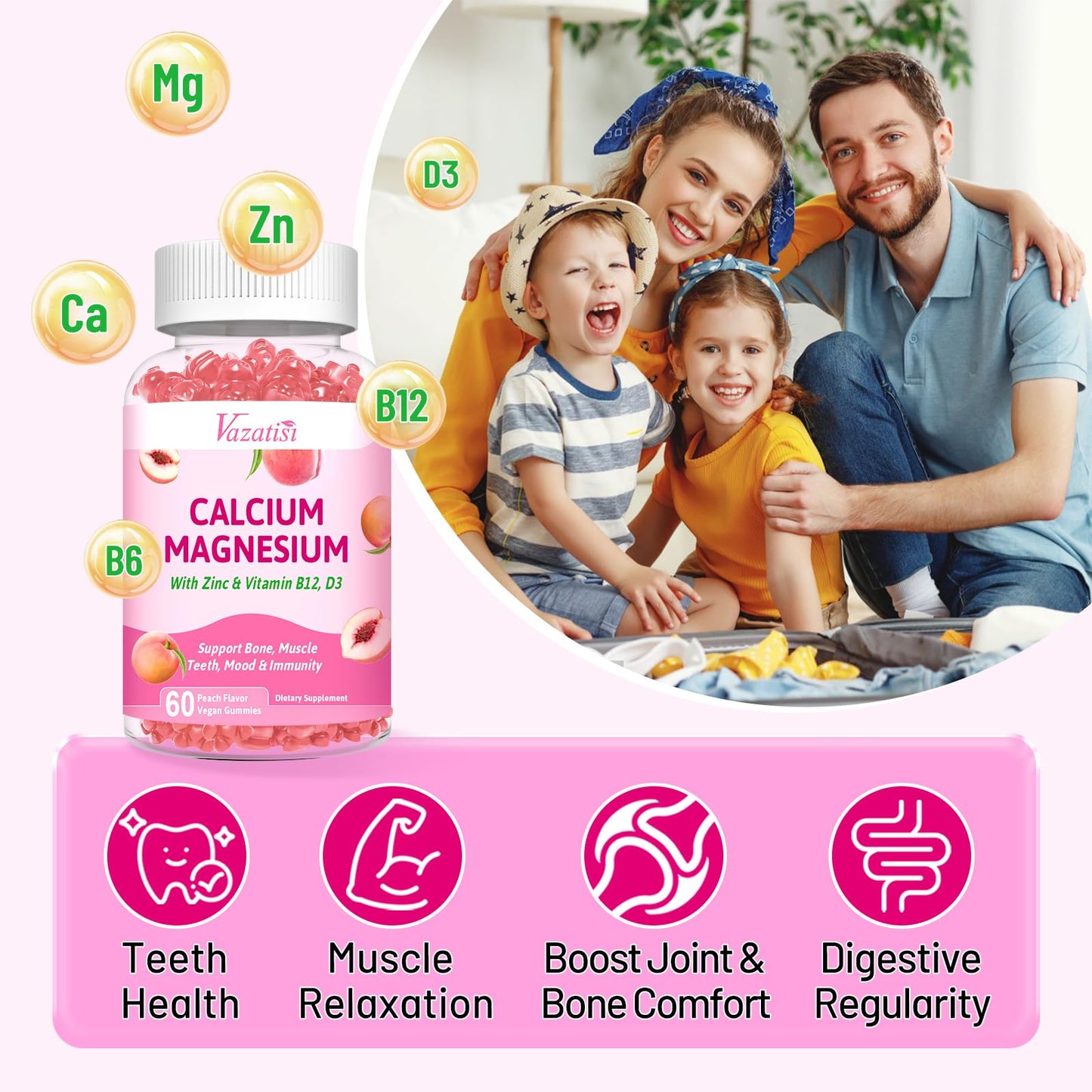 Vazatisi Calcium Magnesium Zinc Gummies with Vitamin D3 B12, Peach Flavor, 120 Gummies