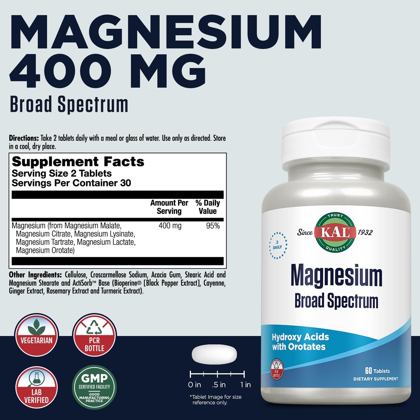 KAL Magnesium 400 mg Broad Spectrum Chelated Magnesium (Citrate, Malate, Lysinate, Tartrate, Lactate, Orotate) Tablet, 60 Count