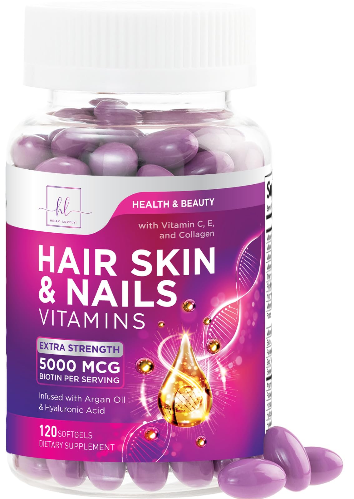 Hello Lovely! Hair Vitamins for Women for Hair Growth - Argan-Infused Supplement with Collagen, Biotin and Hyaluronic Acid Softgels 120