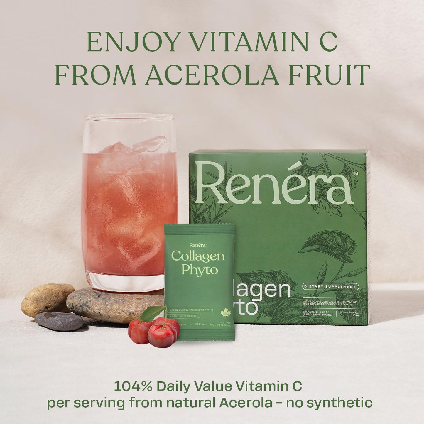 Renéra Collagen Phyto Powder with Marine Collagen Peptides & Postbiotic, Clinically Studied Ingredients for Healthy Skin, Hair, Nails and Immunity, Healthy Aging Support, 12 Packets