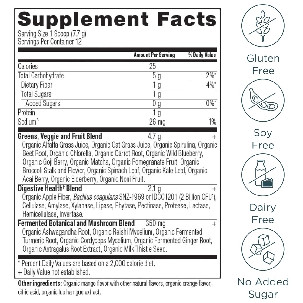 Ancient Nutrition SuperGreens Powder with Probiotics, Organic Mango Flavor, 3.3 oz