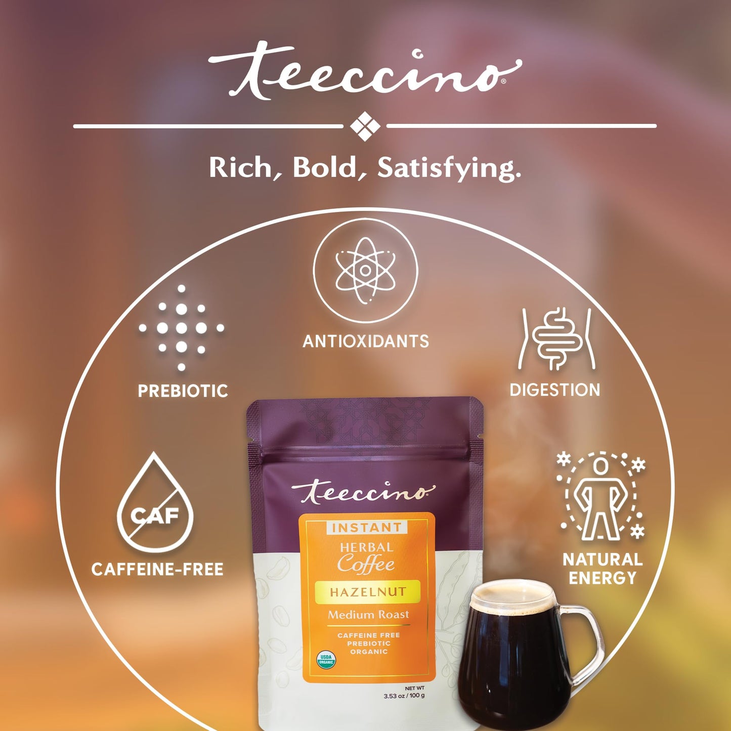 Teeccino Instant Organic Hazelnut Herbal Coffee Powder, 3.5 Ounce