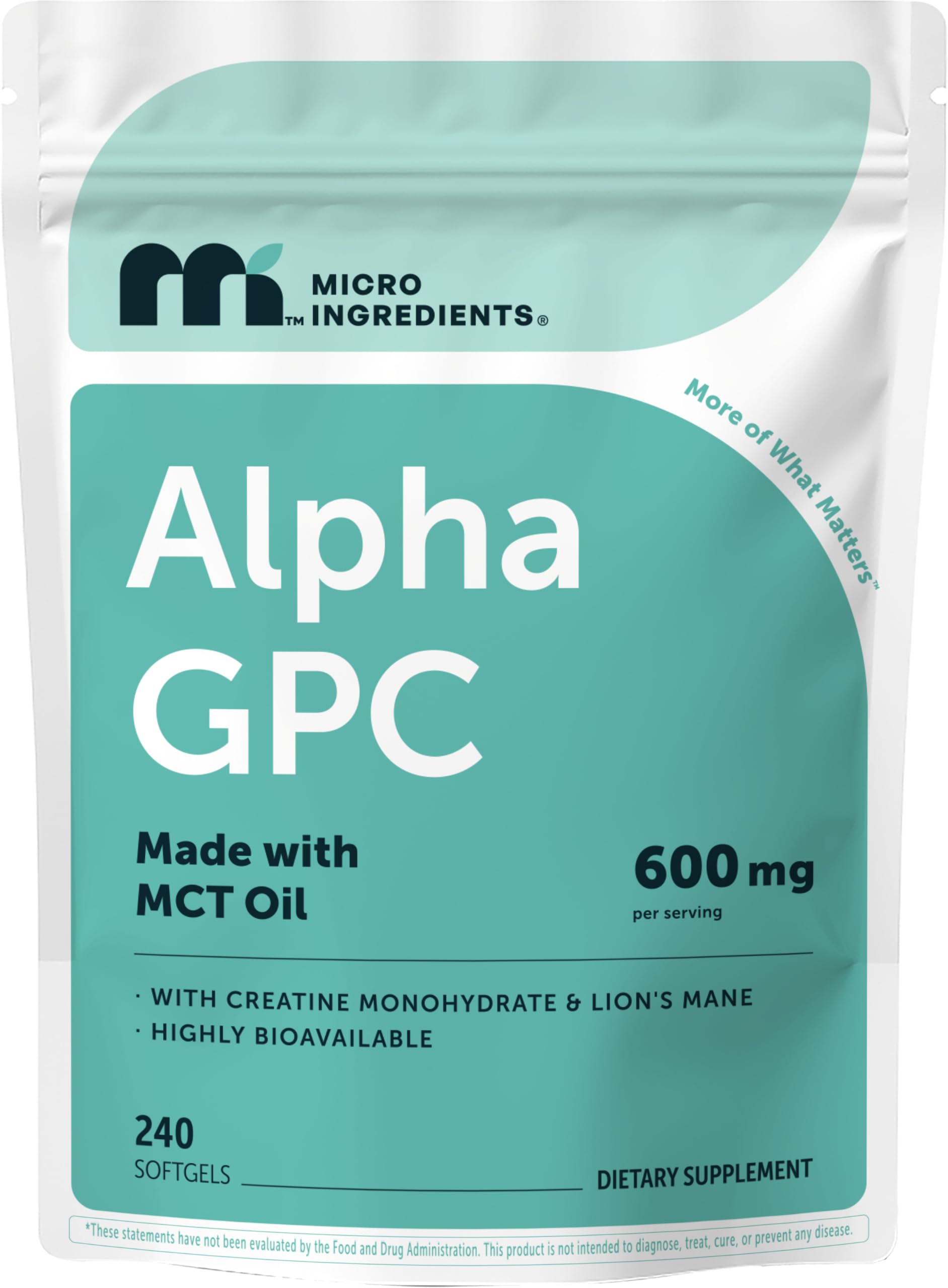 Micro Ingredients Alpha GPC 600mg per Serving with MCT Oil Softgel, 240 Count