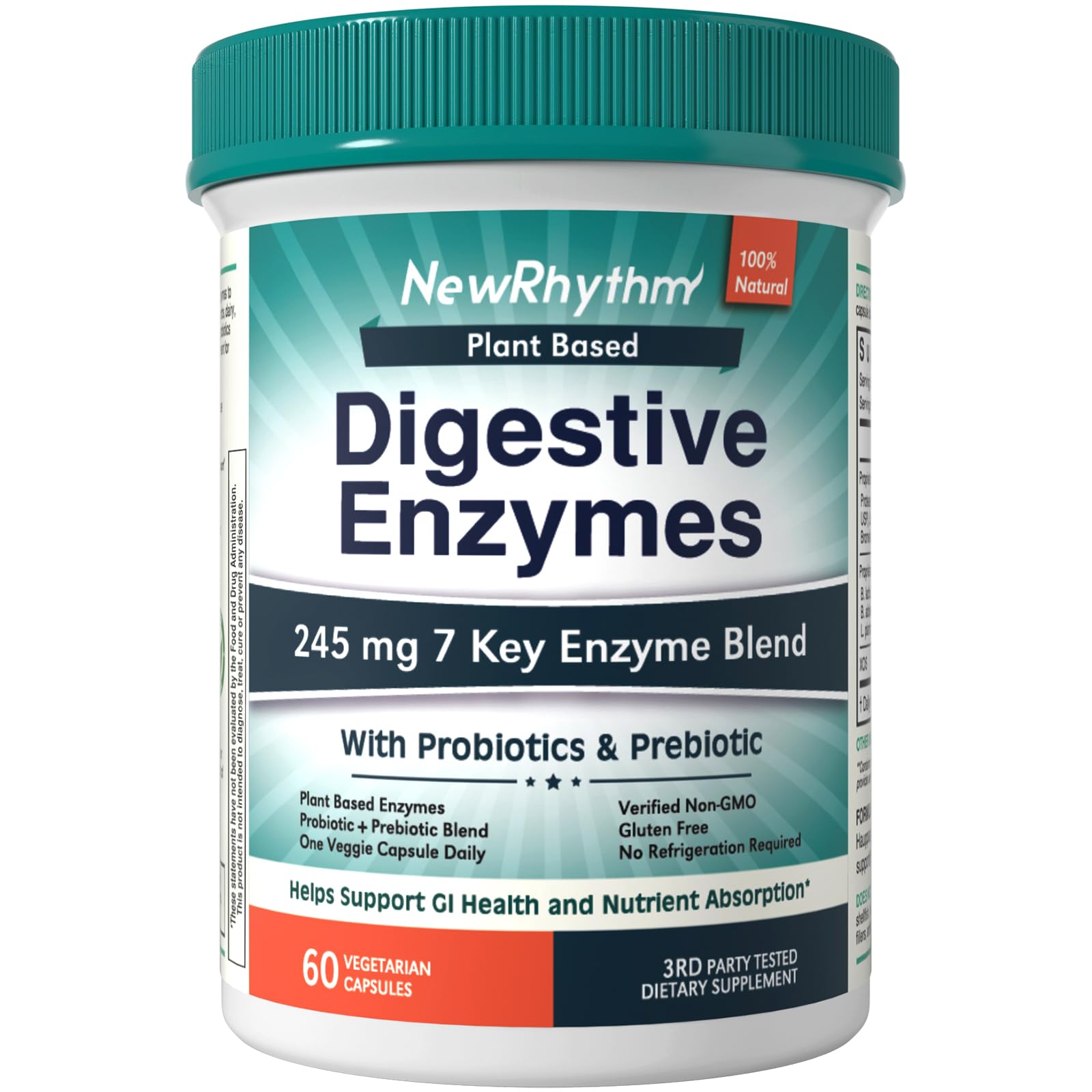 NewRhythm Digestive Enzymes 245 mg Capsules, 60 Count