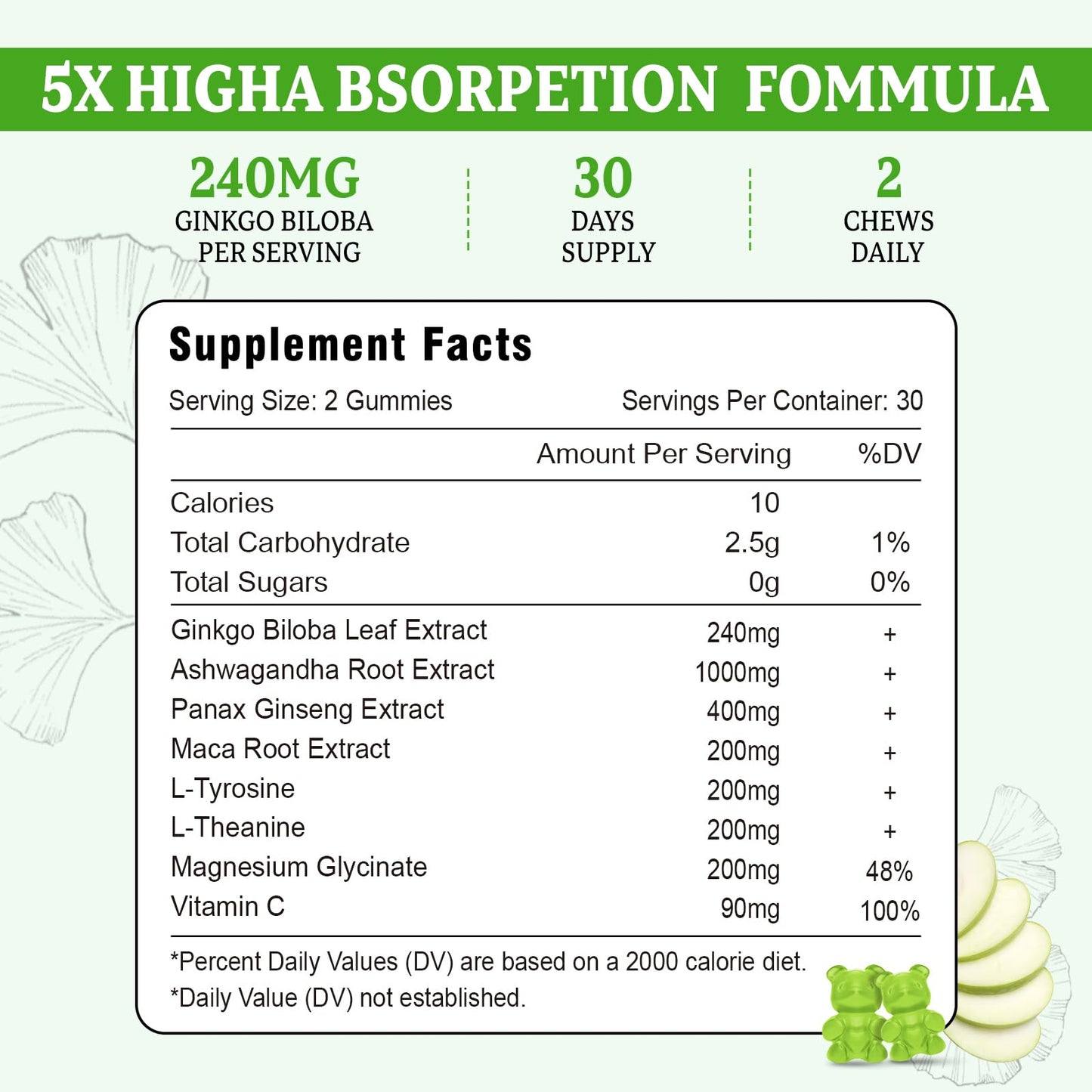 Vazatisi Ginkgo Biloba Gummies 240mg with Panax Ginseng, 60 Gummies