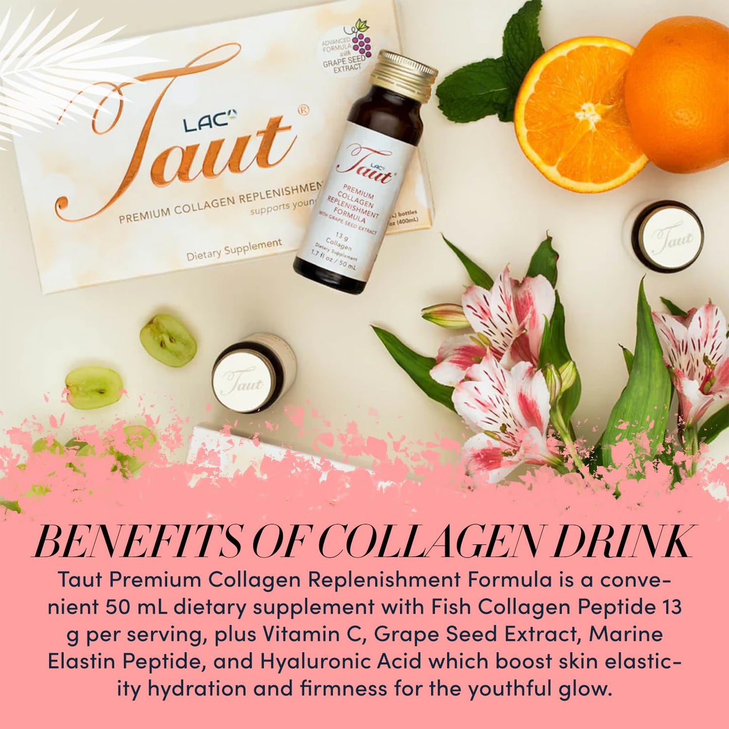TAUT Liquid Collagen Drink 50 mL Bottle, 16 Bottles; TAUT Bright Capsules, 60 Capsules