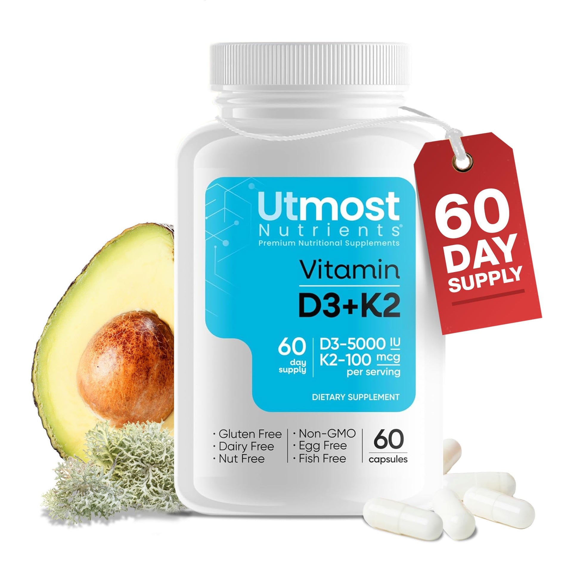 Utmost Nutrients Vitamin D3 5000iu with K2 100mcg, 60 Capsules