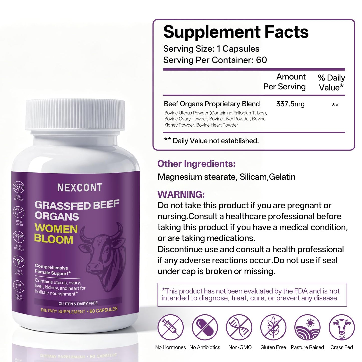 Oopeatol Beef Organ Supplement for Women, 60 Capsules