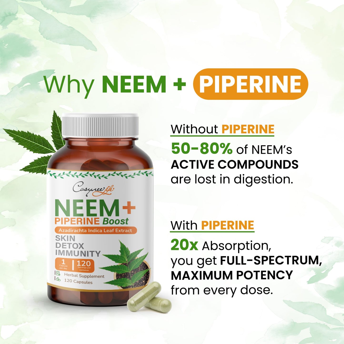 Cosynee Life Organic Neem Leaf Extract Capsules, 120 Count