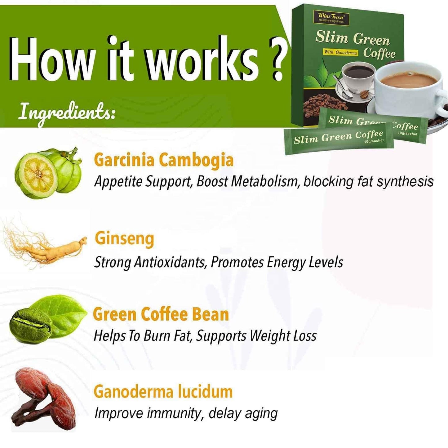 Wins Town 6-IN-1 Natural Diet Instant Coffee with Ginseng, Ganoderma & Matcha – Green Coffee Blend for Metabolism Support, Energy Boost, Gluten-Free, 6.35 Ounce Powder