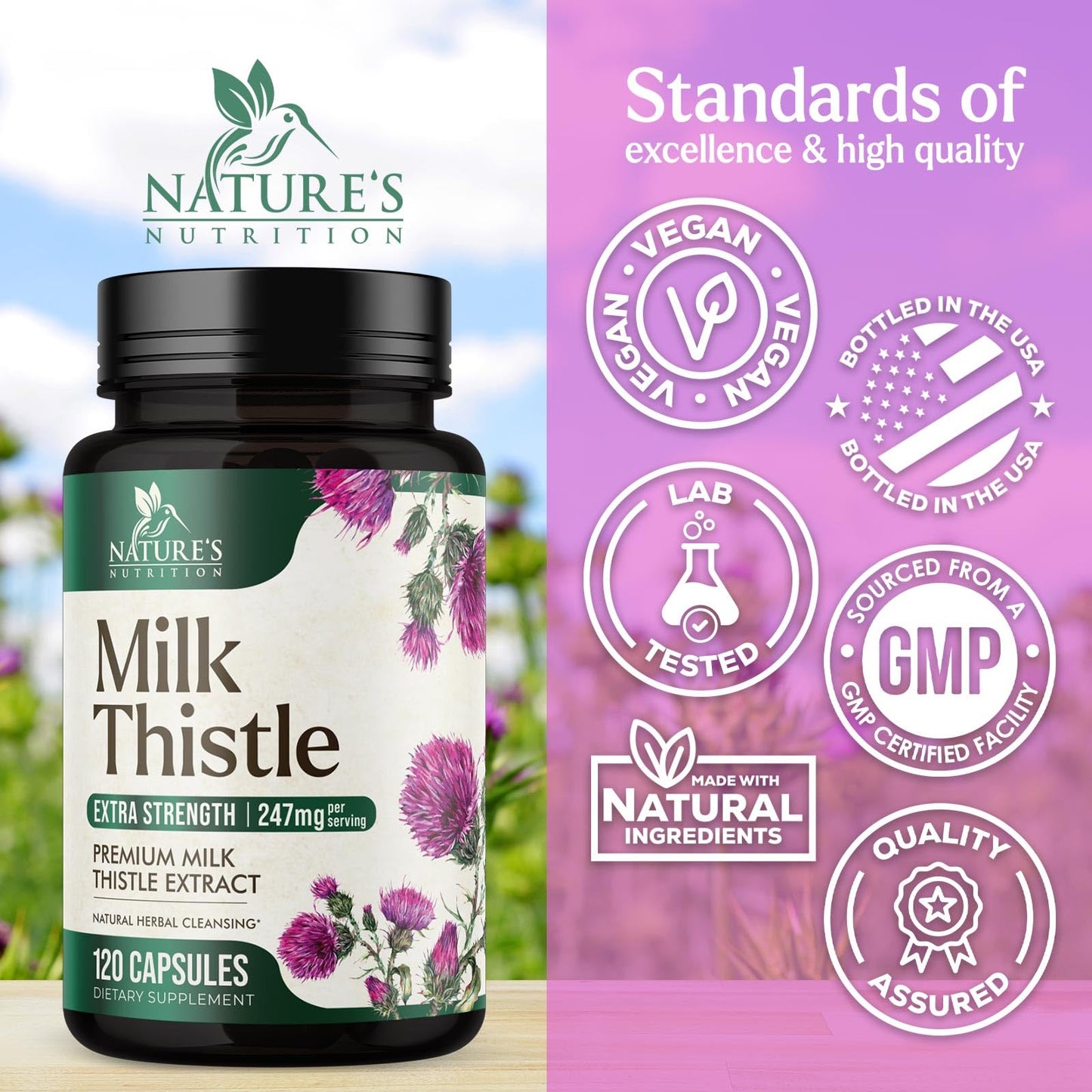 Nature's Nutrition Milk Thistle Extract with Silymarin Marianum & Dandelion Capsules, 120 Count