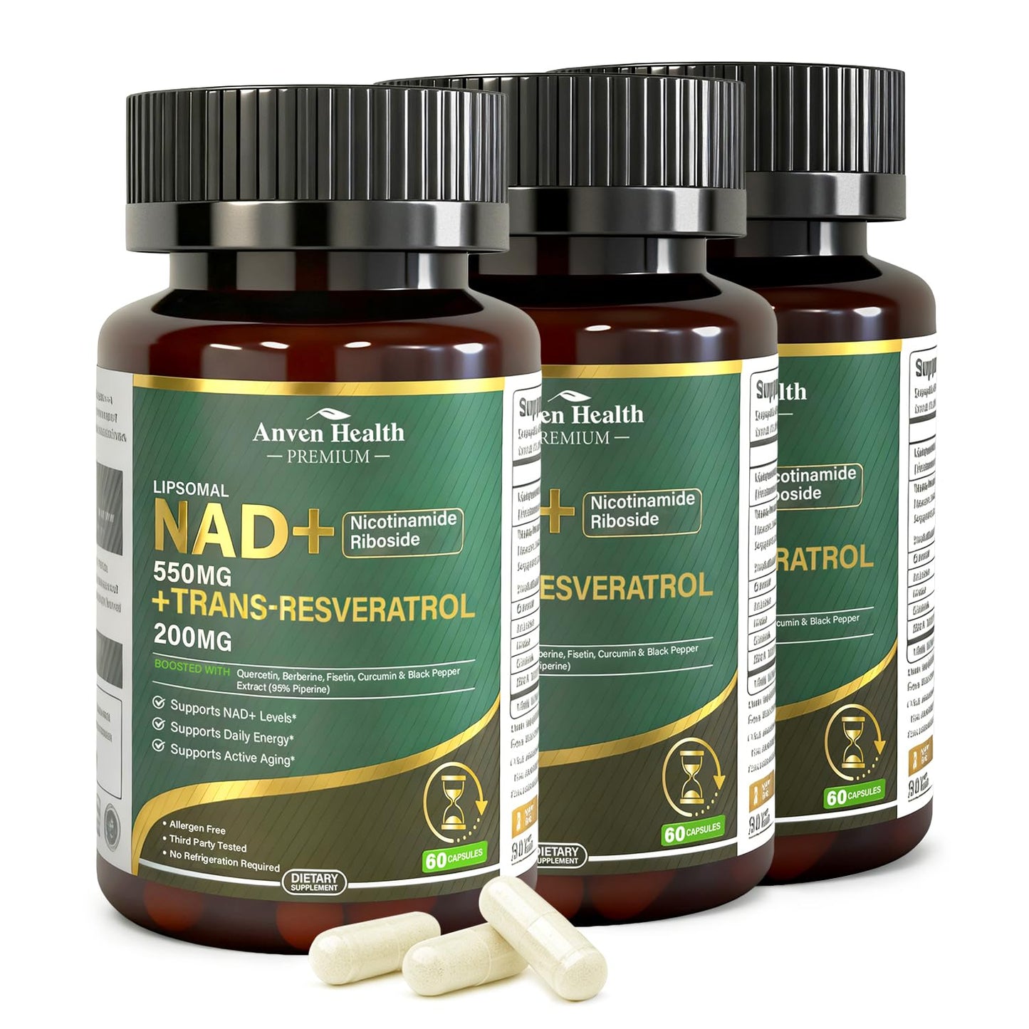 Anven Health Liposomal NAD+ Resveratrol Supplement - NMN Alternative with Trans-Resveratrol, Quercetin & Fisetin, 180 Capsules