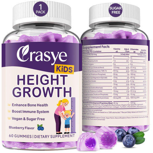 Crasye Height Growth Gummies for Kids & Teens, Calcium, Vitamin D3 + K2, Zinc, Magnesium, L-Arginine, Teen Multivitamin, Bone Strength & Immunity, 60 Gummies
