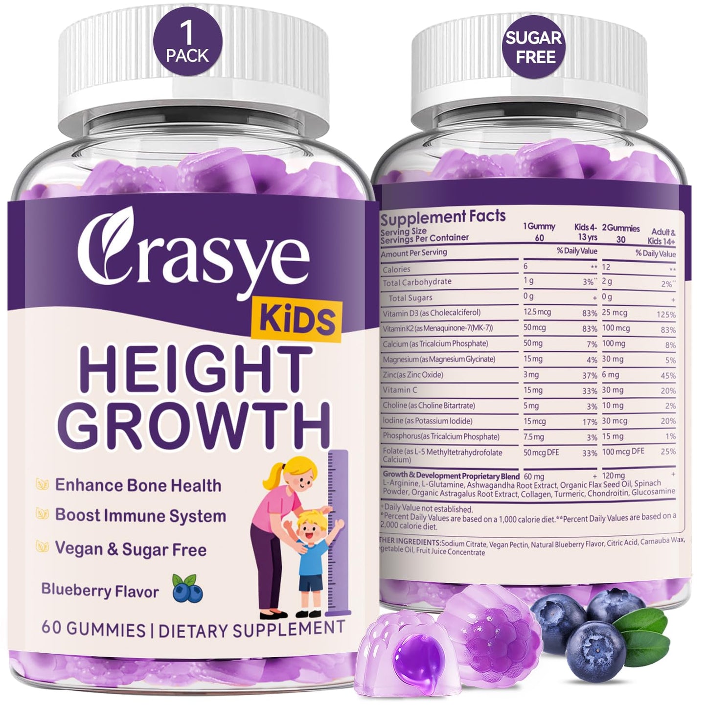 Crasye Height Growth Gummies for Kids & Teens Support Bone Strength and Immunity, 60 Count
