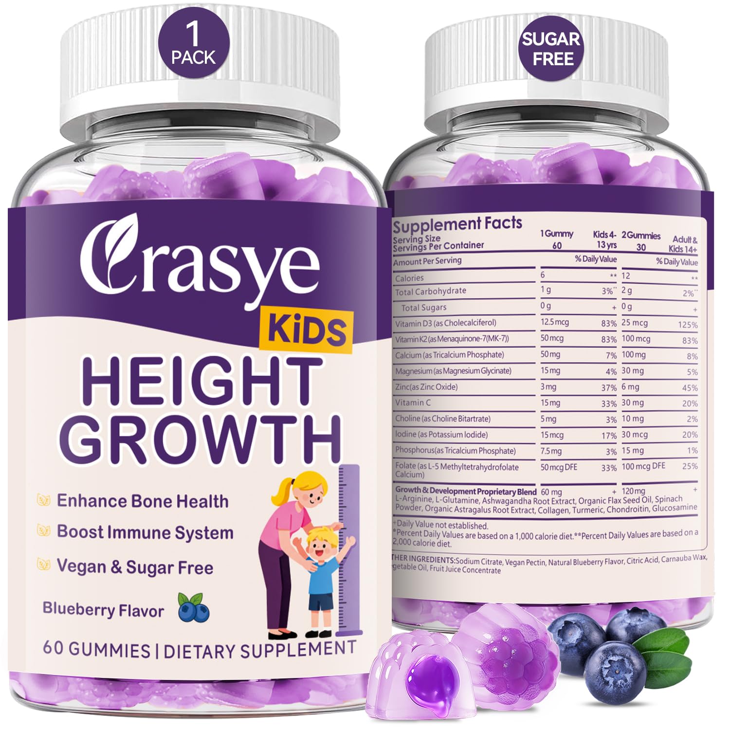 Crasye Height Growth Gummies for Kids & Teens Support Bone Strength and Immunity, 60 Count