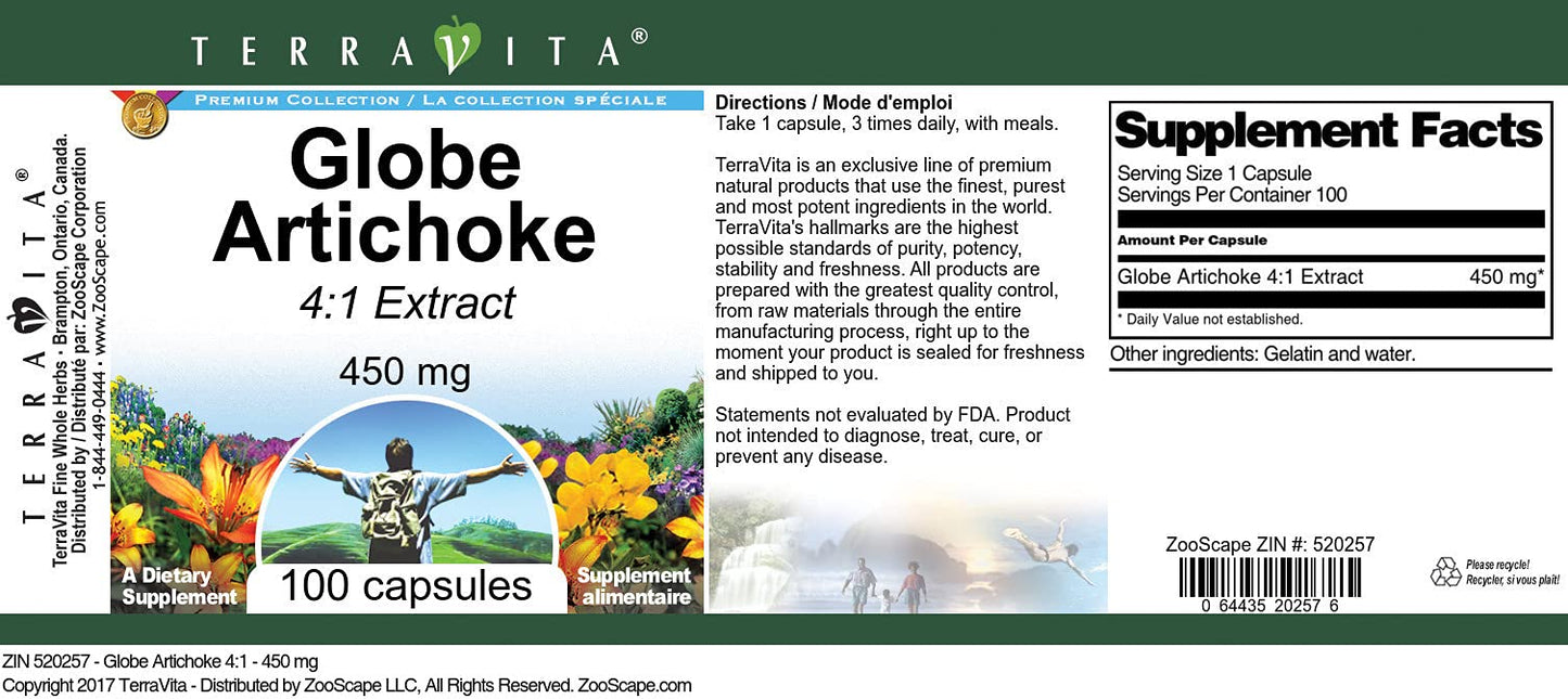 Terravita Globe Artichoke 4:1-450 mg, 100 Capsules