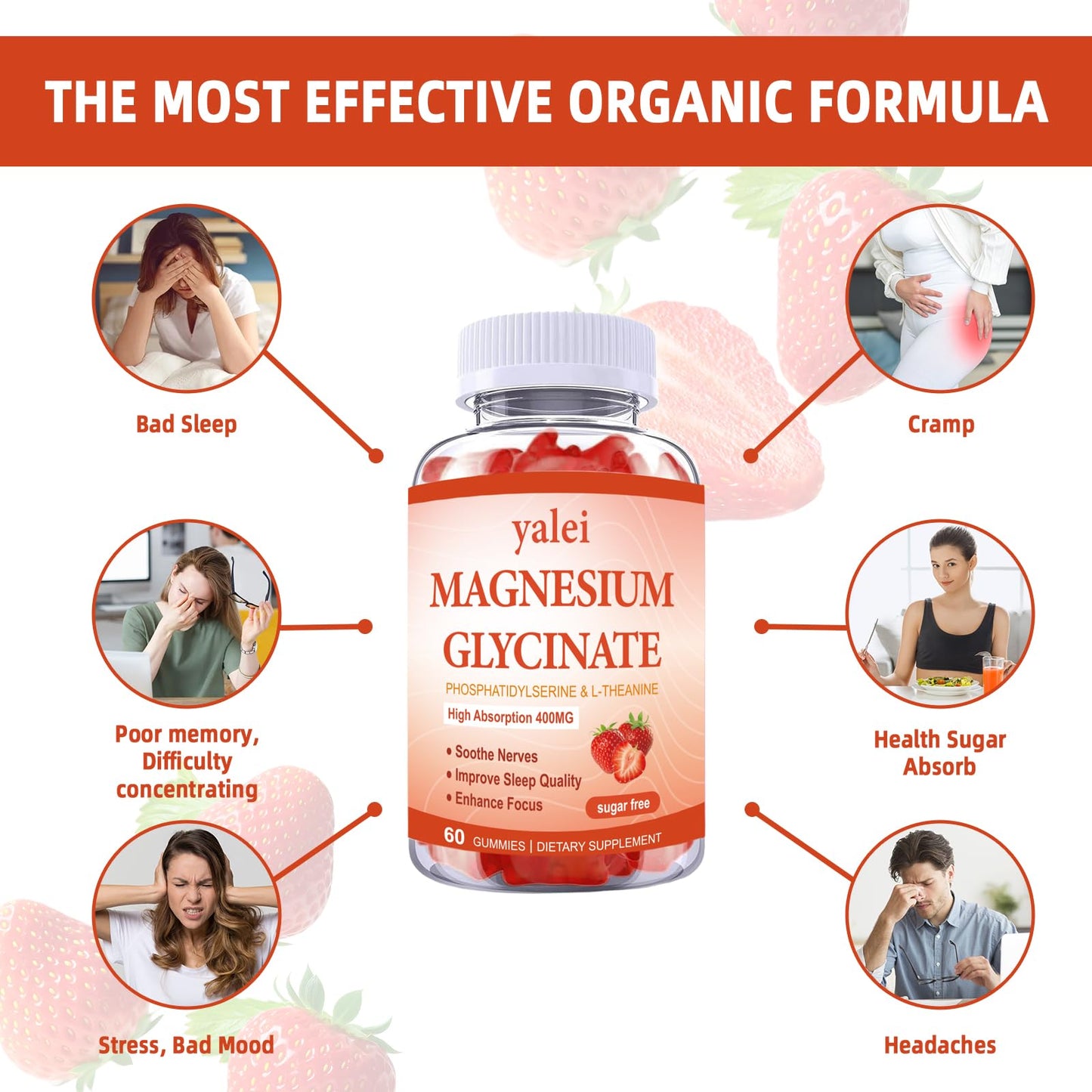 Yalei Magnesium Glycinate Gummies 400mg with L-Theanine, Phosphatidylserine – Sleep, Stress & Muscle Relief for Adults & Kids, Non-GMO, Vegan, Sugar Free, 60 Gummies