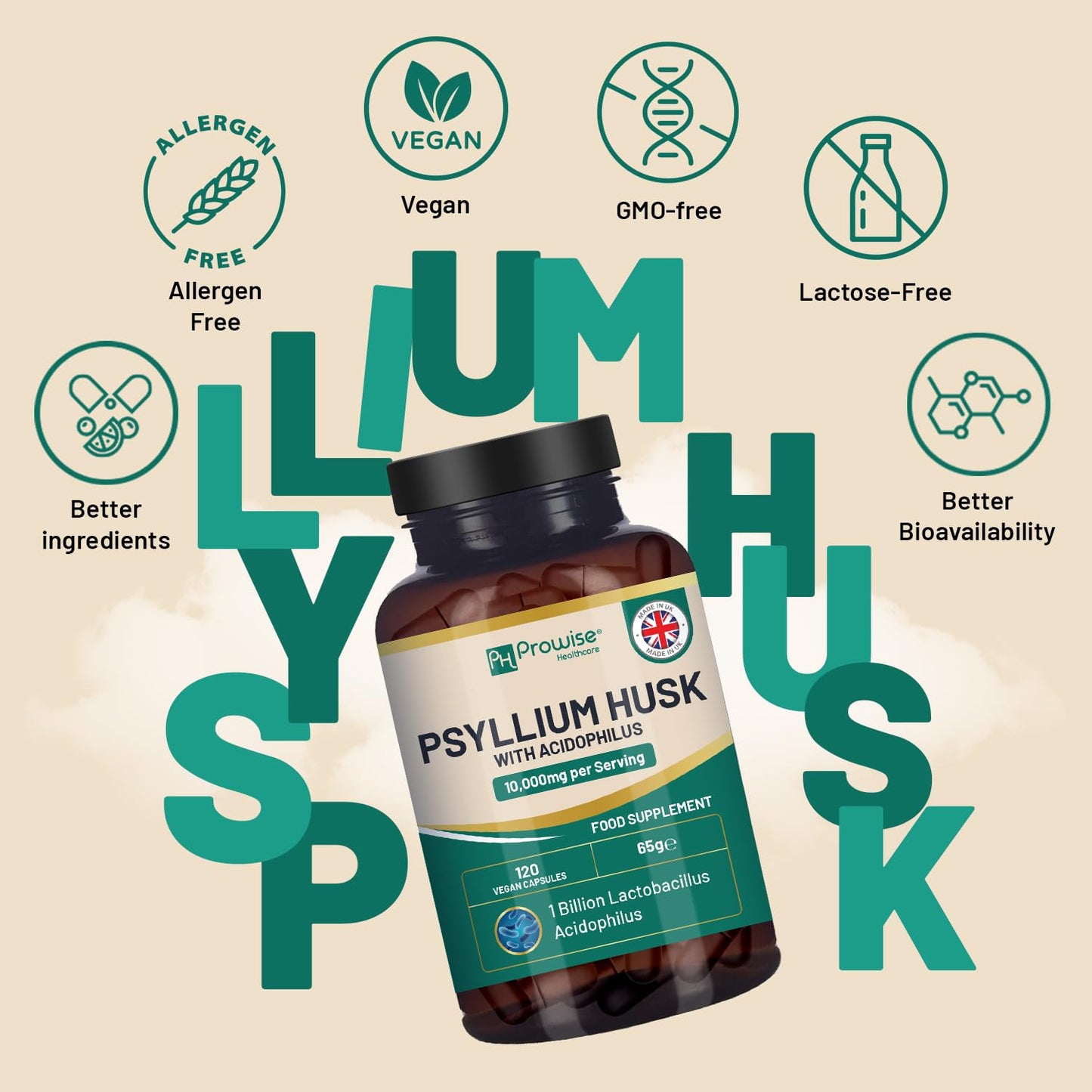 PH PROWISE Healthcare Psyllium Husk 10000mg with Acidophilus 1 Billion CFU, 120 Capsules