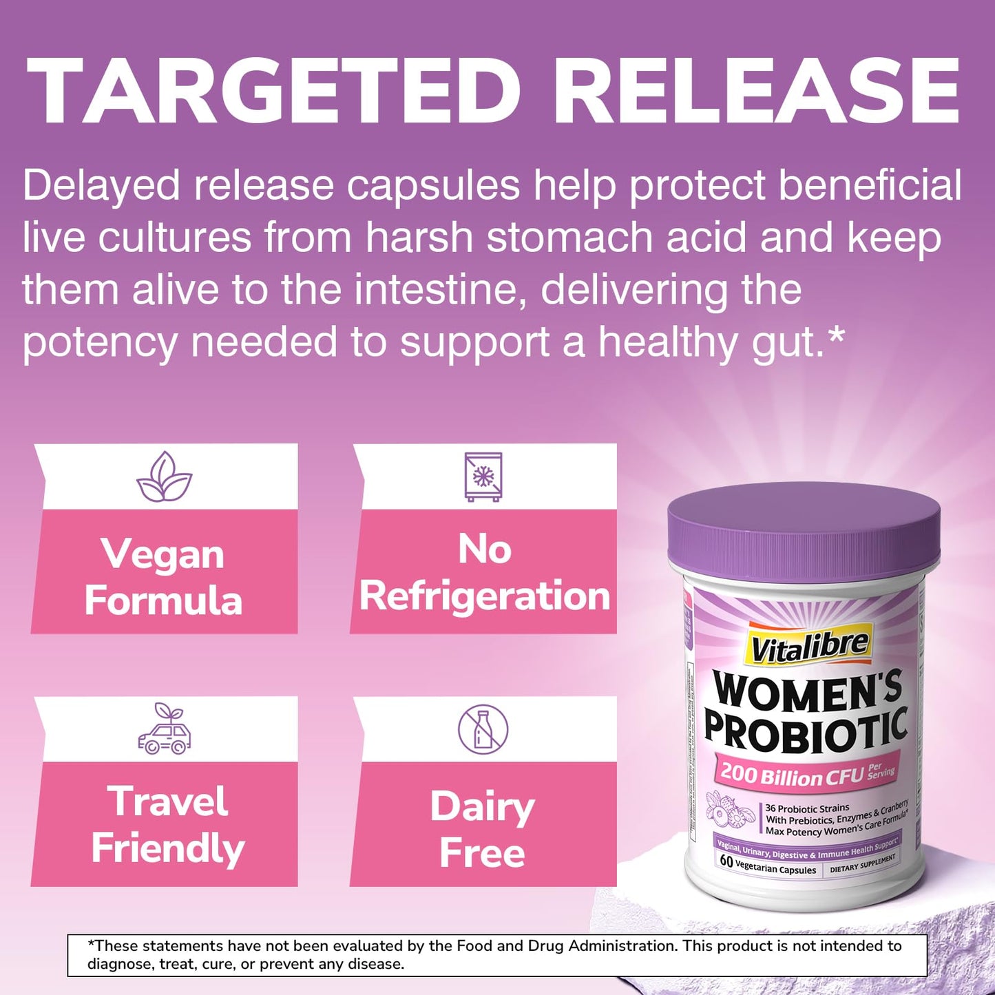 Vitalibre Probiotics for Women 200 Billion CFU, 36 Unique Strains with Cranberry Prebiotics & Digestive Enzymes, High Potency Vaginal Probiotics, Full-Spectrum Gut Health, 60 Vegan Capsules
