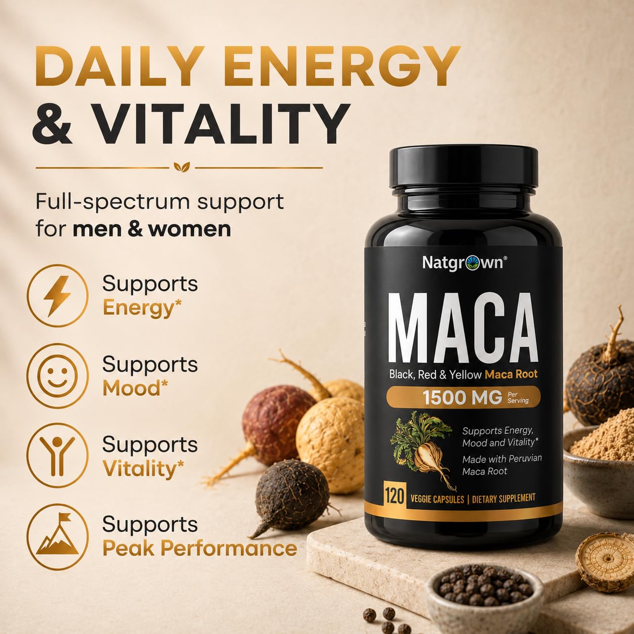Natgrown Organic Maca Root Capsules 1500 mg, 120 Count