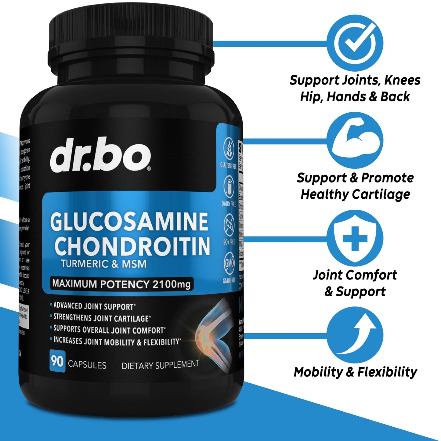 DR. BO Glucosamine Chondroitin MSM Turmeric Joint Health Supplement Capsules 90 Count