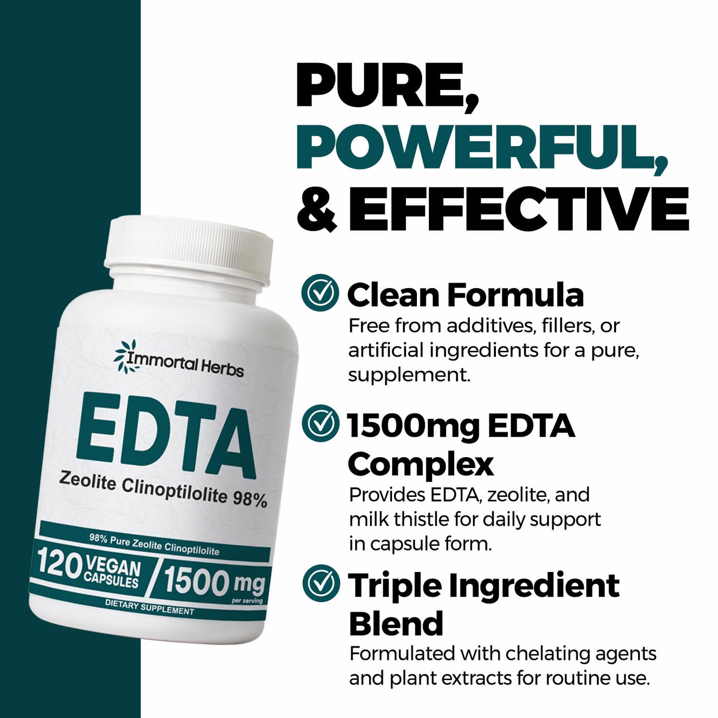 Immortal Herbs EDTA Capsules 1500mg with Zeolite 98% and Milk Thistle, 120 Capsules