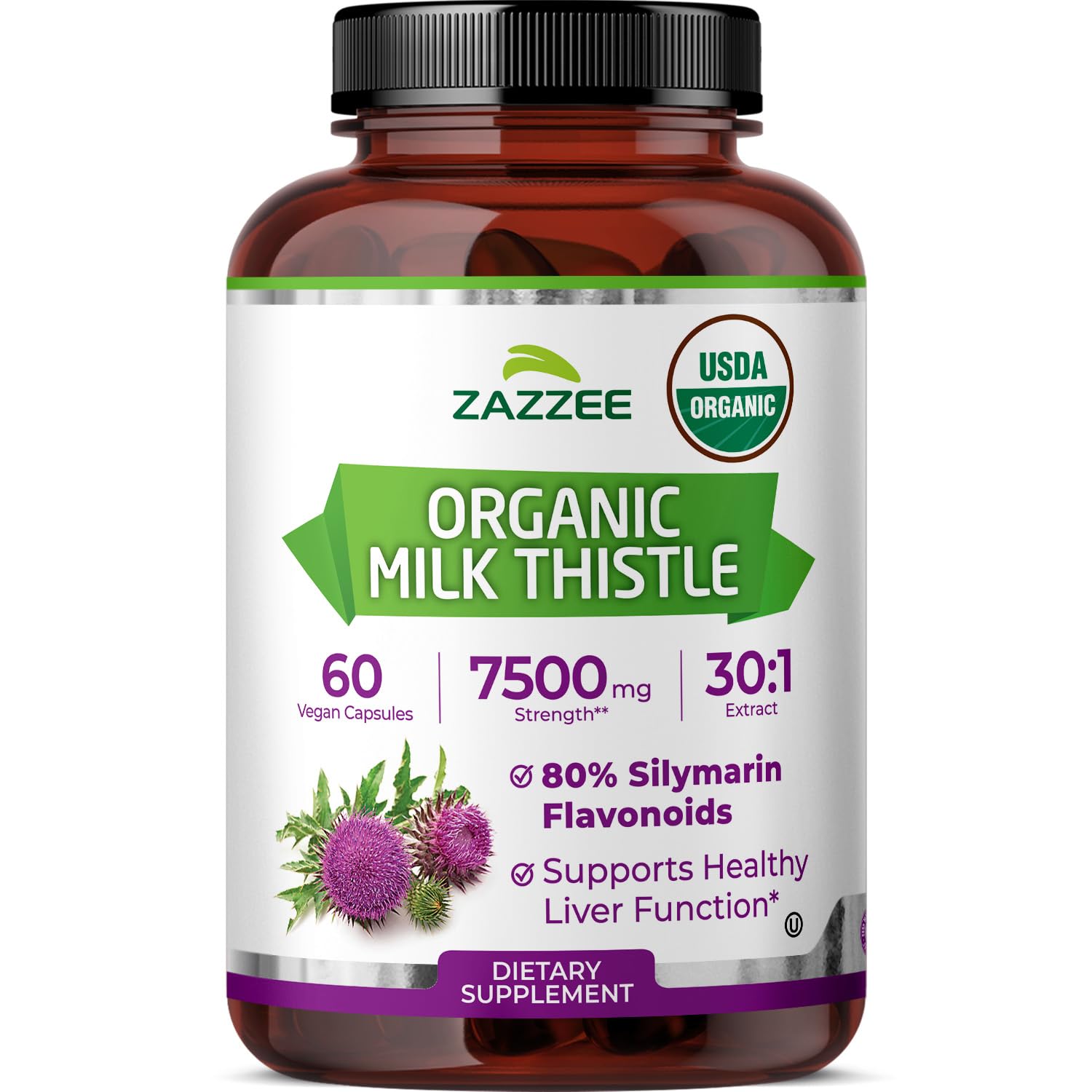 Zazzee USDA Organic Milk Thistle 30:1 Extract, 80% Silymarin, Capsules, 60 Count