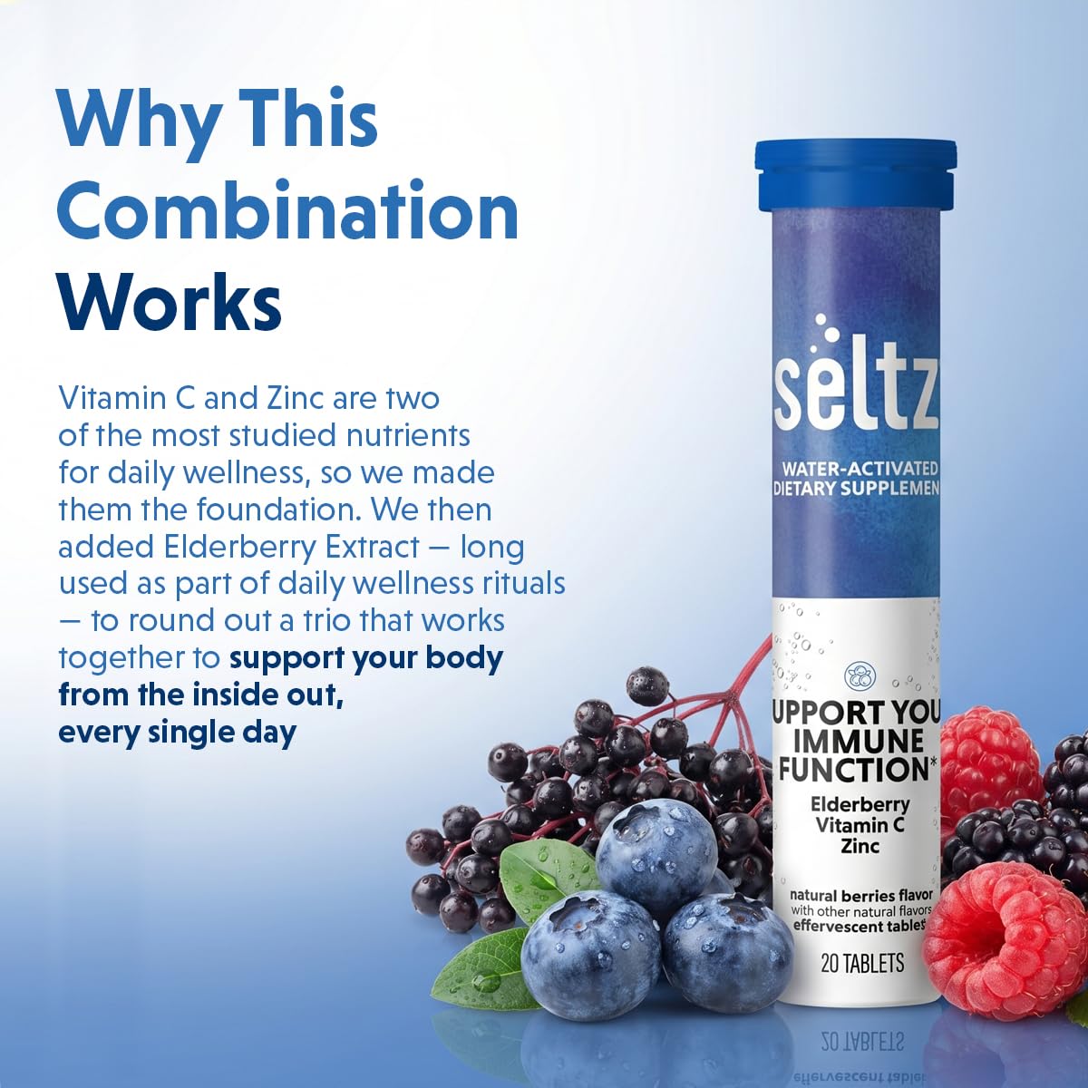 Seltz Immune Support Drink Tablets, Effervescent Elderberry with Zinc, 120 Tablets