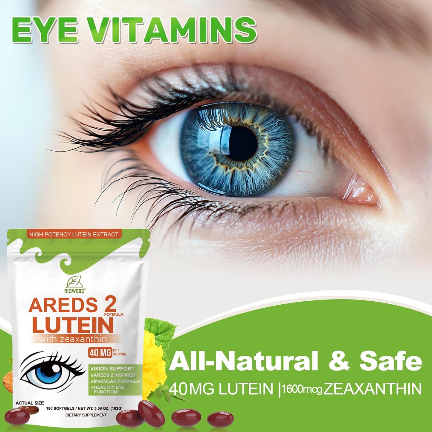 RIOWEGO AREDS 2+ Advanced Lutein & Zeaxanthin Supplement, 40 mg Lutein & Zeaxanthin with Astaxanthin, Omega-3 EPA/DHA, 180 Softgels