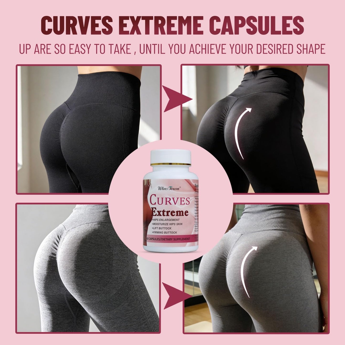 Wins Town Curves Extreme Capsule, Hip Enhancement Supplement, Moisturizes Skin, Lifts & Firms Buttocks for Enhanced Shape, 60 Capsules