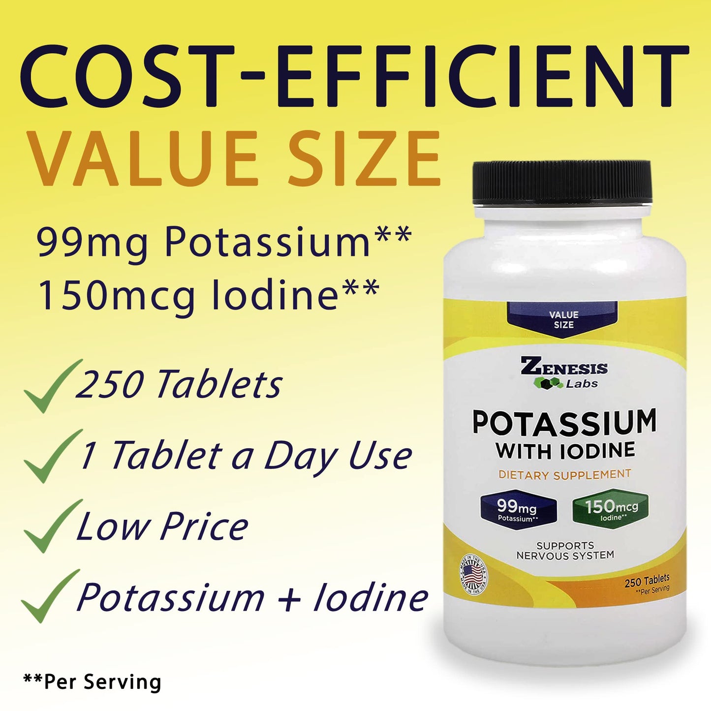 Zenesis Labs Potassium Gluconate 99mg + 150mcg Iodine from Kelp Tablets, 250 Count