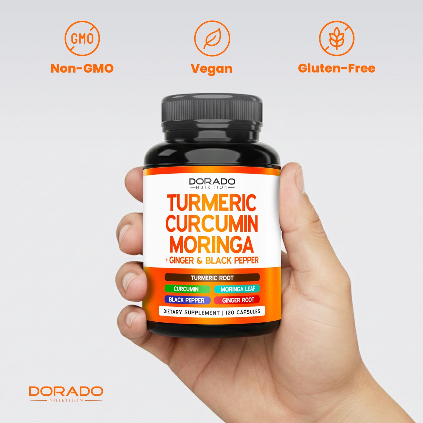 DORADO NUTRITION Turmeric Curcumin Supplement with Black Pepper, Ginger, Moringa (Made with 95% Curcuminoids) Third Party Tested, Non-GMO, Gluten Free - USA Made - 120 Capsules
