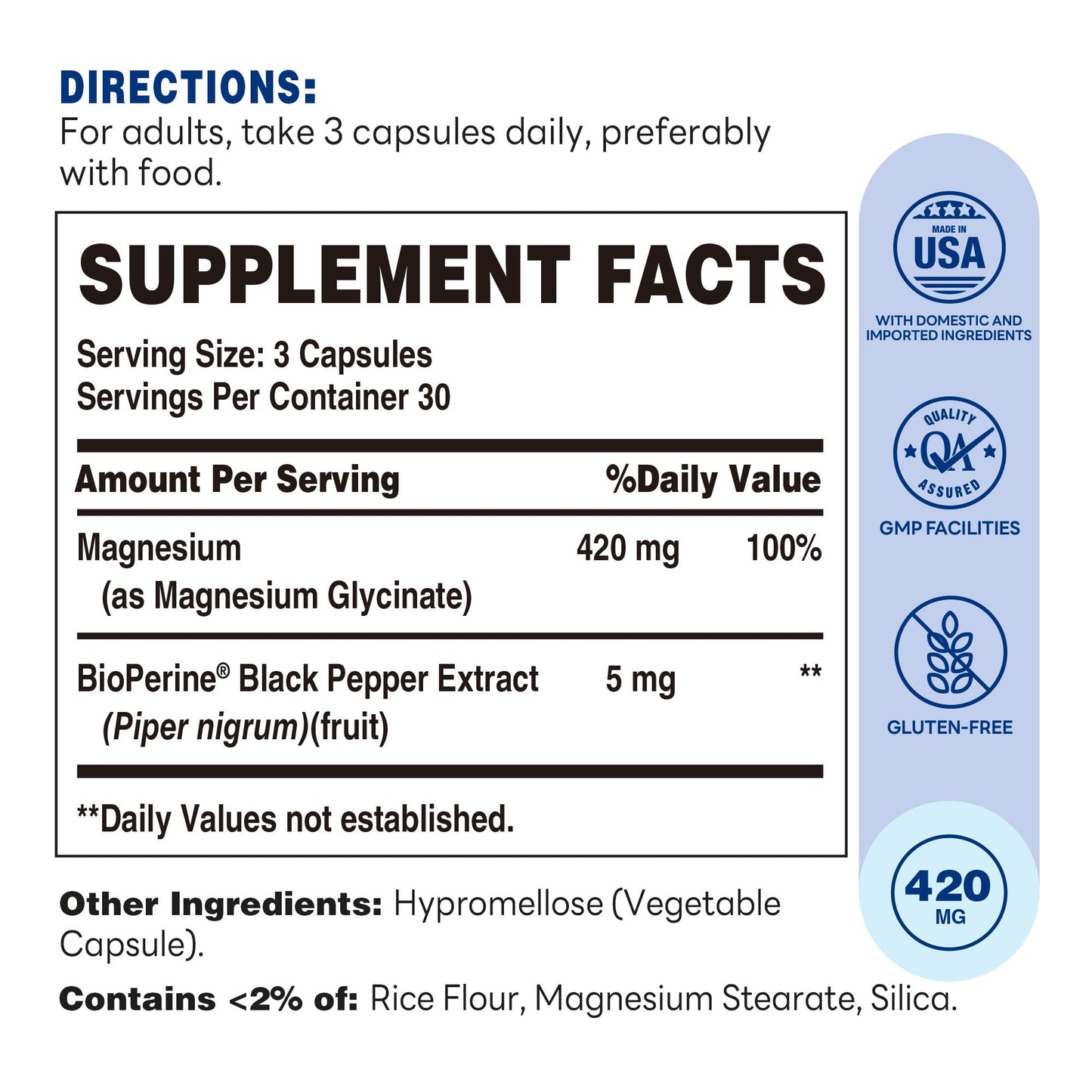 Vitamin World Magnesium Glycinate 420mg with BioPerine High Absorption Chelated Magnesium Supplement for Relaxation, Heart, Muscle, Bone, Nerve Health, Gluten-Free, 90 Vegetarian Capsules