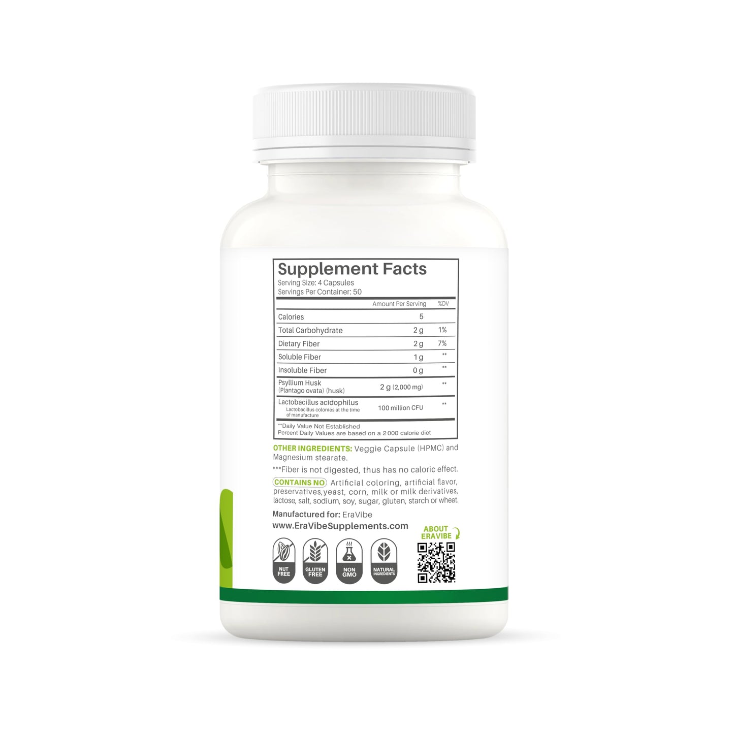ERAVIBE Psyllium Husk with Probiotics 100 Million CFUs Fiber Supplement for Digestive and Gut Support Capsule 200 Count