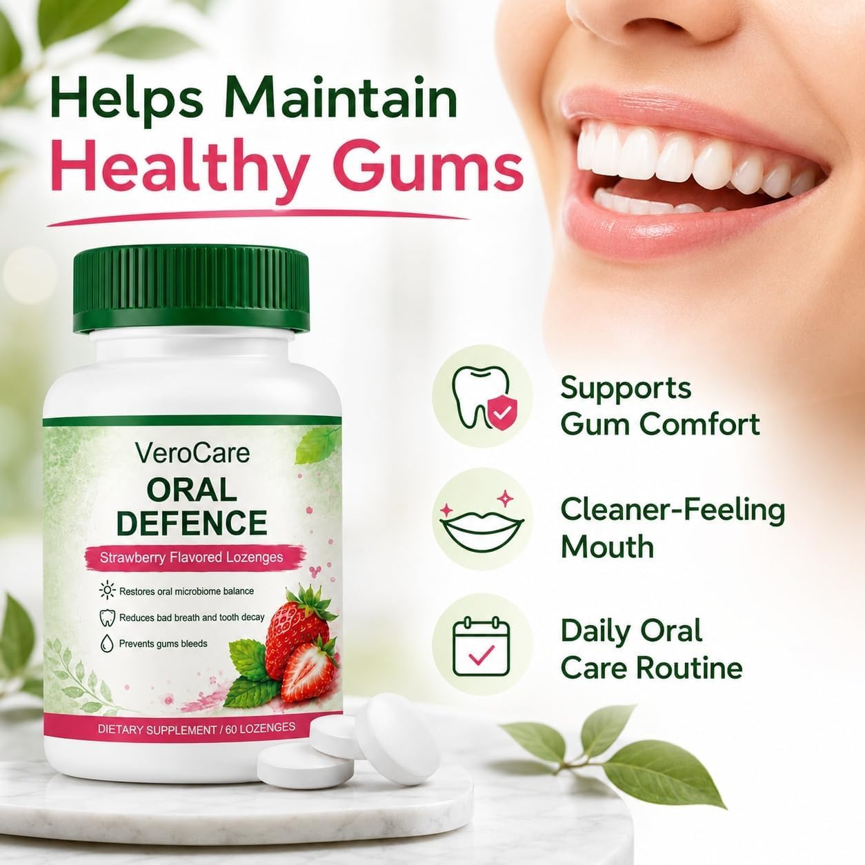 VeroCare Oral Defense Lozenges with Oral Probiotics, Hydroxyapatite, Xylitol & Lactoferrin, Alcohol-Free for Fresh Breath, Gum & Tooth Care, 60 Tablets