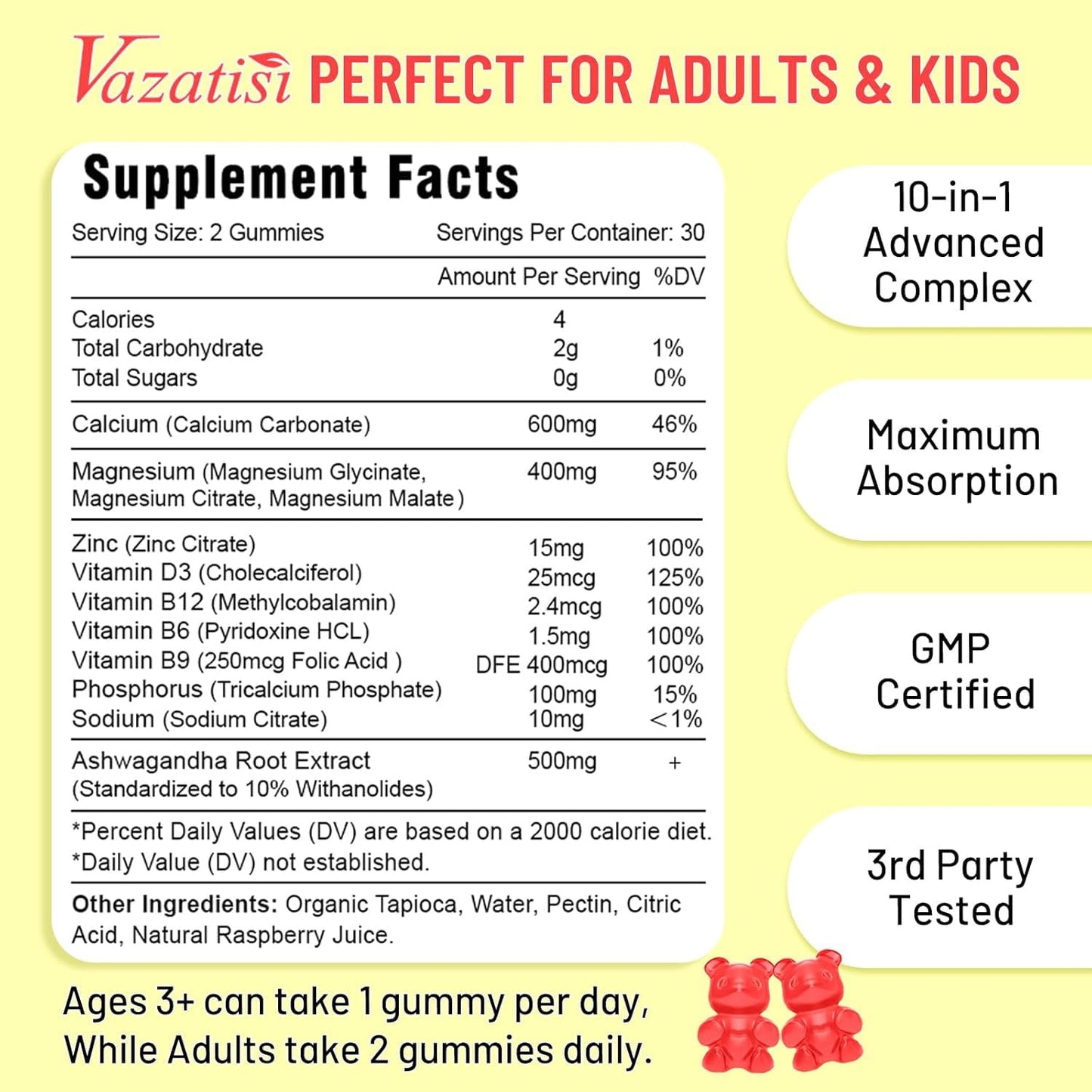 Vazatisi Calcium Gummies with Magnesium, Zinc, Vitamin D3 & B12 Gummy 60 Count