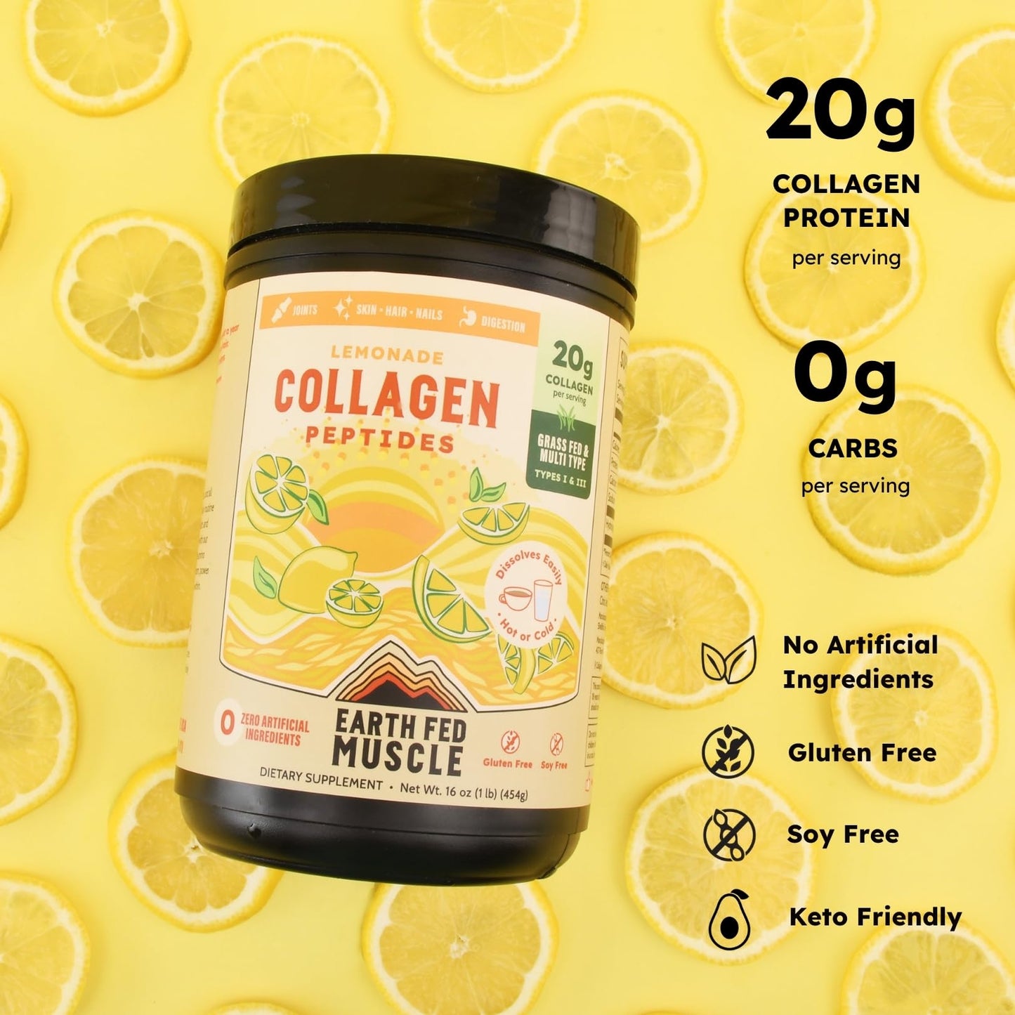 Earth Fed Muscle Lemonade Collagen Peptides Powder 16 Servings