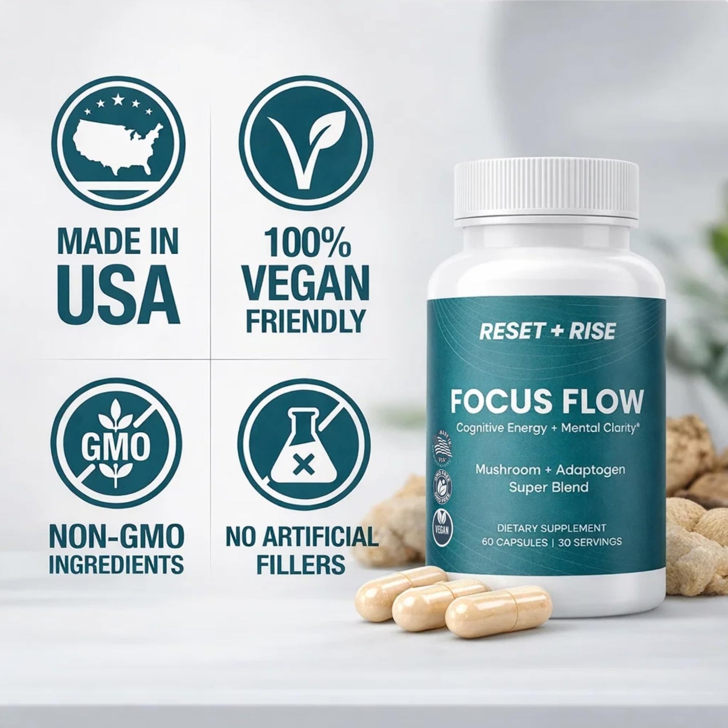 Reset+Rise Nootropic Brain Supplement with Lion’s Mane Mushroom, Cordyceps & Rhodiola Rosea Extract - Capsule, 60 Capsules