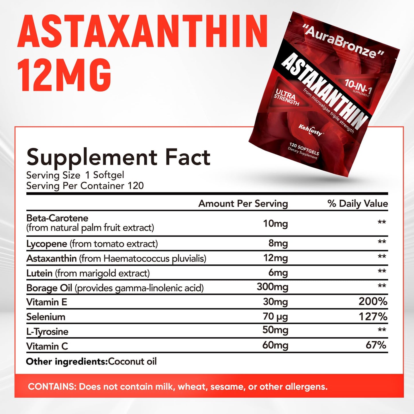 KEHLUSTY Astaxanthin 12mg 10-in-1 Ultra Strength Softgels, 120 Count