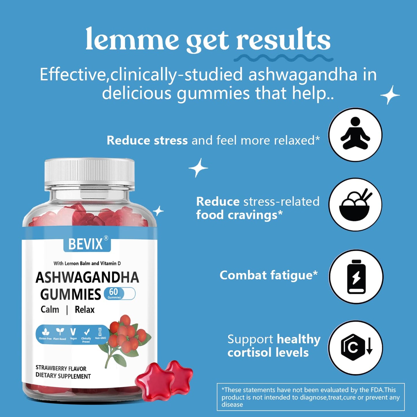 BEVIX Ashwagandha Gummies with Vitamin D Chewable 60 Count