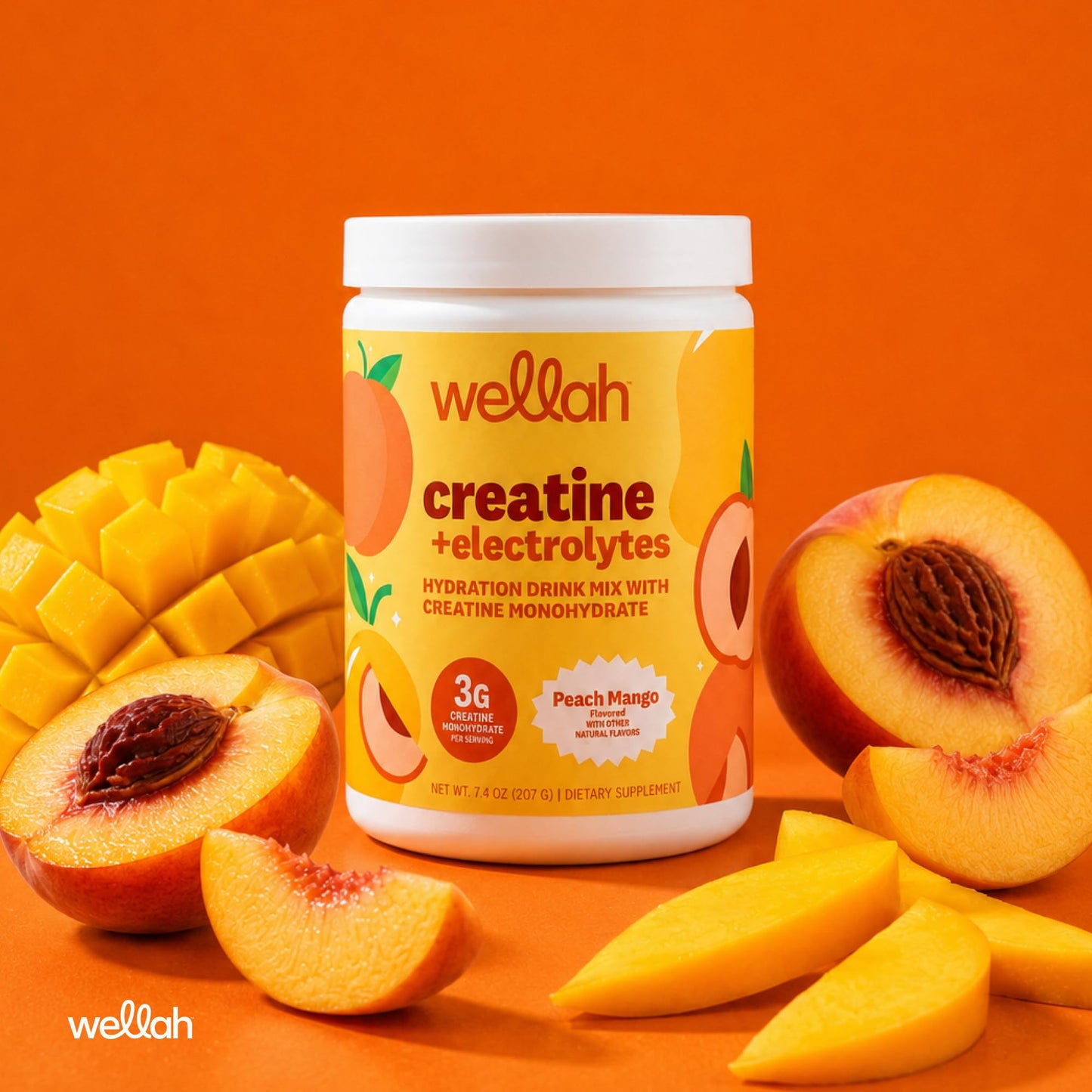 Wellah Creatine + Electrolytes Powder (Peach Mango) 7.4 Ounce