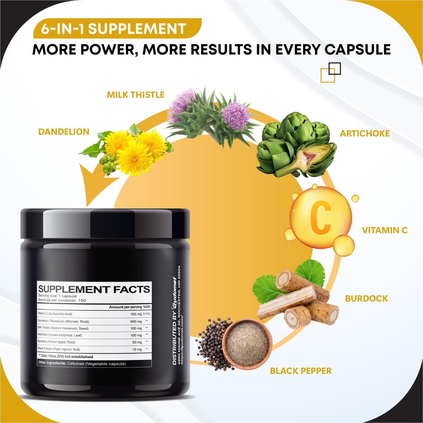 GUDOMET Dandelion with Milk Thistle, Artichoke, Vitamin C & Black Pepper Capsules, 150